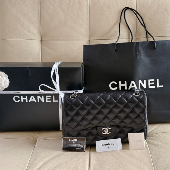 Authentic CHANEL Classic Double Flap Bag Jumbo Black Lamb Leather Silver Box - Picture 3 of 16